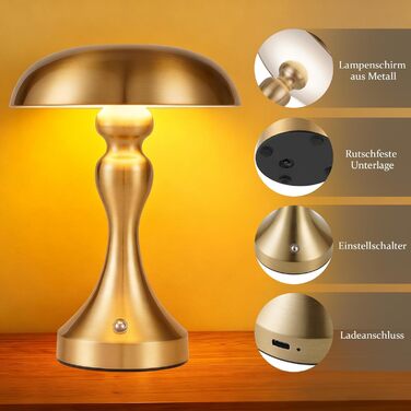 Бездротова настільна лампа з LED-підсвічуванням - торшер на акумуляторі, сенсорне керування, регулювання яскравості, вінтажний дизайн, USB-зарядка, нічник для спальні/вітальні, золото/бронза