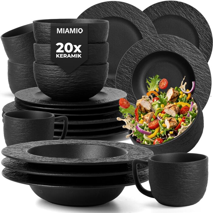 MIAMIO Набір посуду 16 предметів Oasis (Чорний) - Сучасний керамічний сервіз для 4 осіб