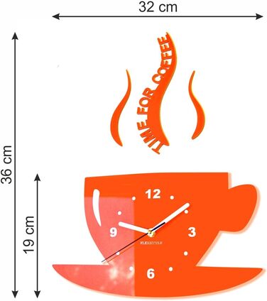 FLEXISTYLE Coffee Time Mug Wall Clock for Modern Kitchen, 3D Roman Numerals, Wall Clock Decoration, 32 x 19 cm (32 x 19 cm, Orange)