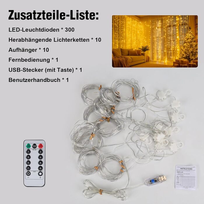 Льодовиковий штор LED 3x3м, 300 LED, з пульт, 10 гачків, USB, для декору, вікна, кімната, балкон, тепле світло, PVC