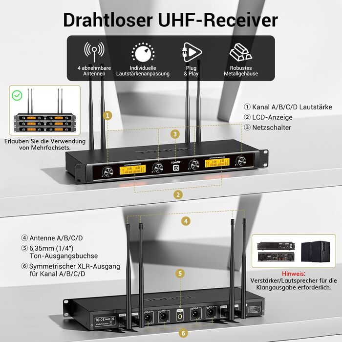 TONOR Бездротовий мікрофонний комплект UHF з 4 каналами: ручний, нагрудний, наголовний мікрофон, 90 м радіус дії, для співу, караоке, 2 ручні мікрофони та 2 нагрудні передавачі