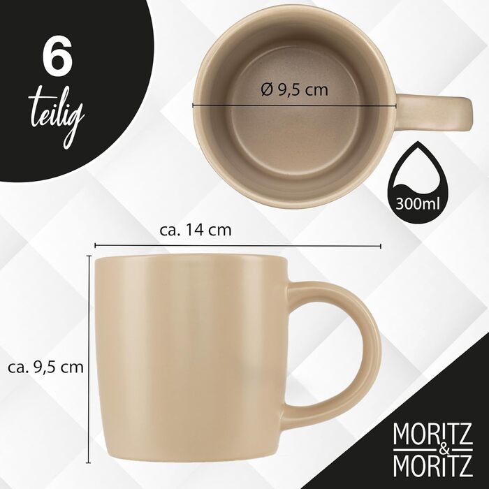 Набір кавових чашок Moritz & Moritz NORDIC, 6 шт., бежевий (taupe), 300 мл, кераміка, з ручкою