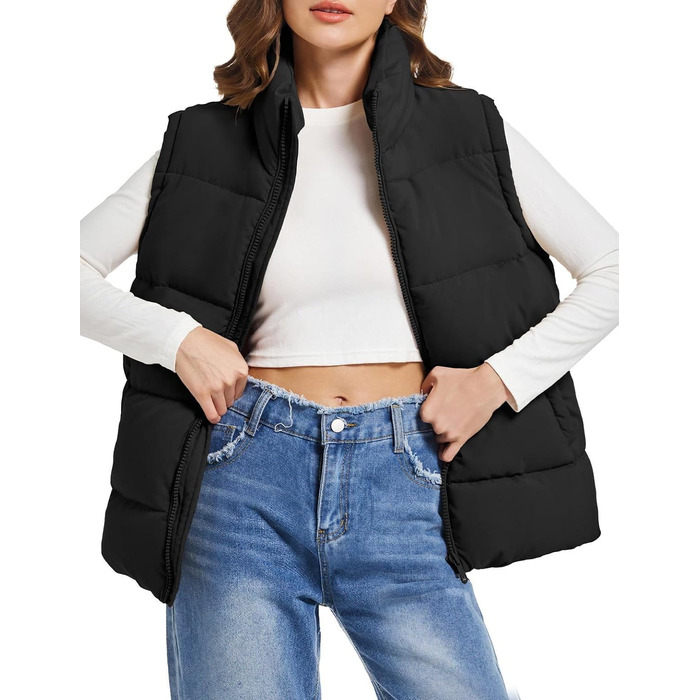 Жіноча пуферка/жилетка Polu, без рукавів, на блискавці, зі стійким коміром, оверсайз, чорна, розмір S