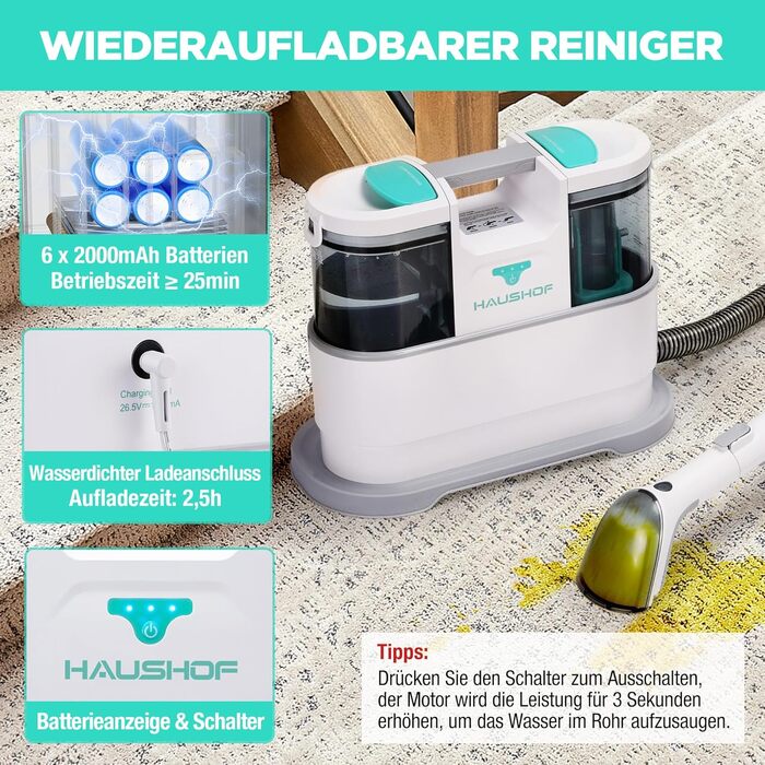 HAUSHOF StainZapper Pro: Професійний миючий пилосос для килимів, меблів та авто. Потужність 450W, 12kPa, об'єм 1,5+0,8L, з миючим засобом та щіткою для швів. Ефективний видалення плям з килимів, диванів, оббивки та салону авто.