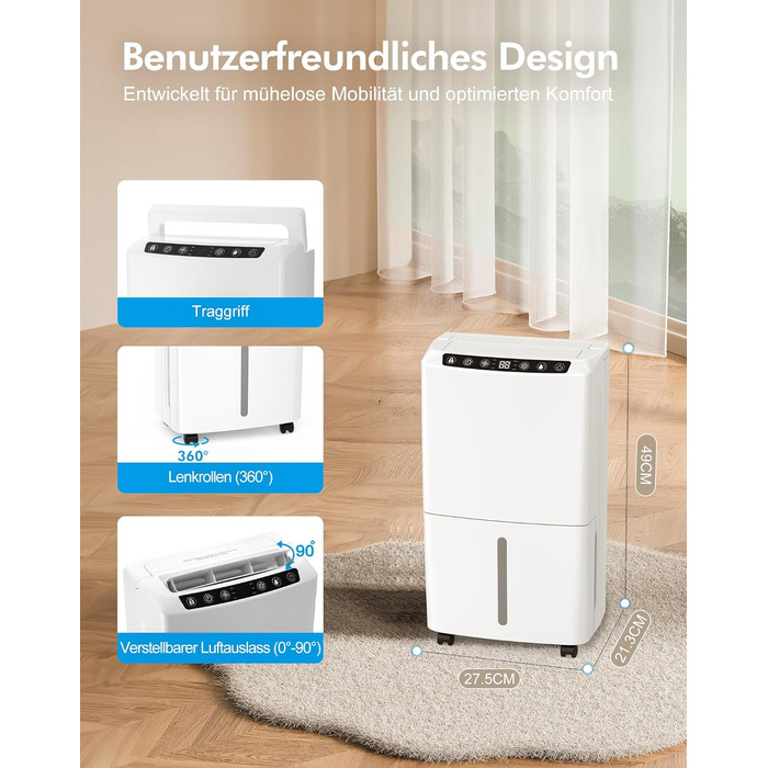 Електричний осушувач повітря 12л, тихий осушувач для дому з функцією сушіння білизни, Smart-режим, автоматичне регулювання вологості, 1м шланг, 24H таймер, для квартири до 120 м², гарантія 10 років