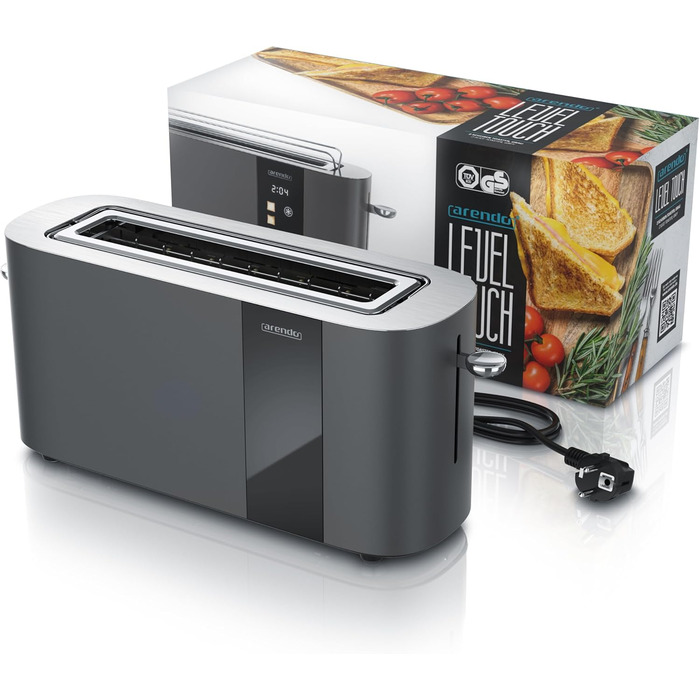 Тостер Arendo з нержавіючої сталі, 2 відділення, довгий проріз, сенсорний дисплей, подвійні стінки, насадка для тостів, 6 ступенів підсмажування, центрування хліба, індикатор часу, функція пам'яті, чорний (B: Cool Grey)