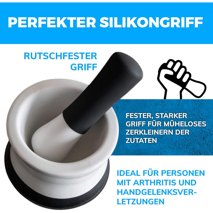 Набір для розмелювання EZ-Grip: ступка та пестик із силікону та порцеляни з неслизькою знімною основою. Новий дизайн, придатний для миття в посудомийній машині. Чорний, 15,25 см