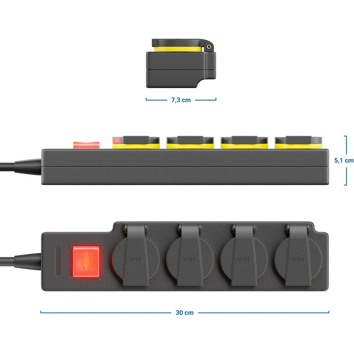 deleyCON Розподільник розеток на 4 розетки для вулиці зі шнуром 5м, IP44, вологозахищений, для саду, тераси, балкону, гаража (5м, з вимикачем)