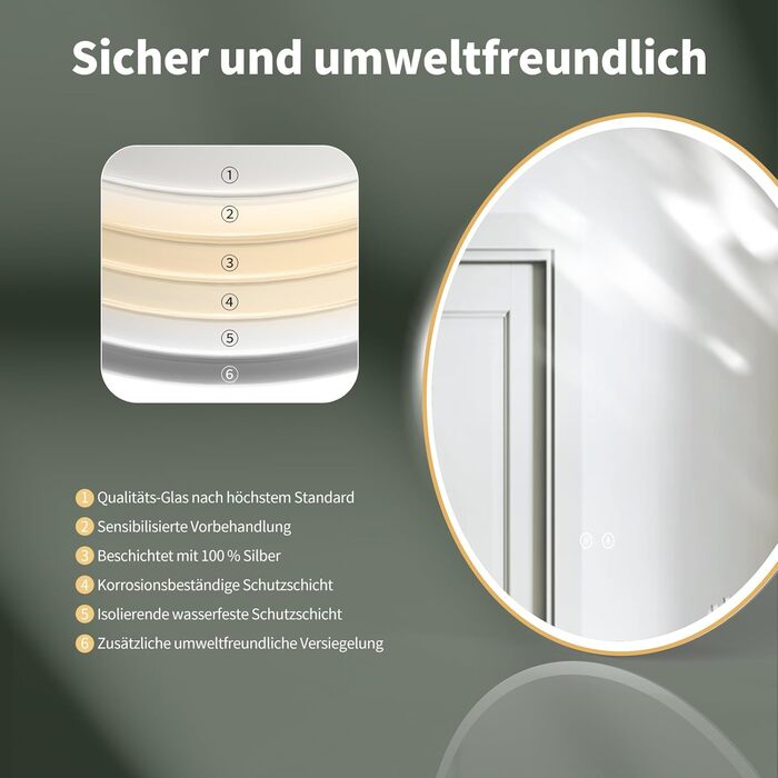 Дзеркало для ванної кімнати HOKO ULM 60см з підсвічуванням LED, антизапотівачем та сенсорним вимикачем, кругле, золото (60x60 см)