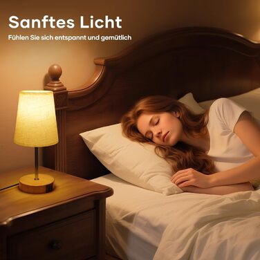 Нічна лампа Suright з торшером з льону, USB-портами A+C, регулюванням яскравості, дерев'яною основою, для спальні/вітальні (LED-лампочка в комплекті), Бежева
