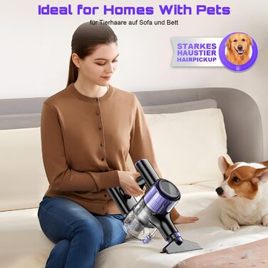 Бездротовий акумуляторний пилосос 45000 Па/500 Вт/45 хв з висувним шлангом 73 см, LED-дисплеєм та щіткою Anti-Tangle для твердих поверхонь, килимів та шерсті тварин, фіолетовий