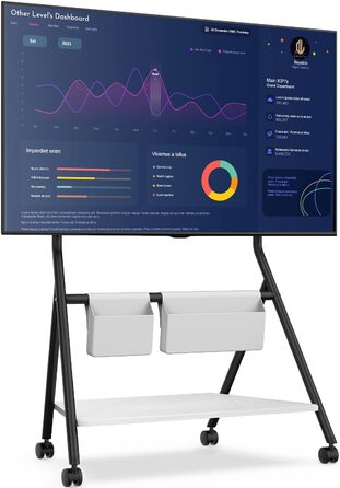 Підставка для телевізора FITUEYES Design Mobiler, роликова, для 55-78 дюймів, до 45 кг, регульована висота, металева конструкція, полиця з дерева, для офісу, школи, дому, серія Collector, чорний
