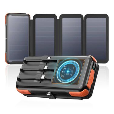 Портативний зарядний пристрій A ADDTOP Solar 25000mAh з сонячною панеллю, 20W, USB-C, 3 кабелі, для кемпінгу та подорожей