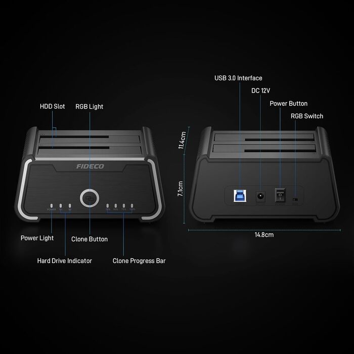 Док-станція для жорстких дисків FIDECO USB 3.0 з RGB підсвічуванням, Dual-Slot, підтримка UASP та офлайн-клонування (2.5/3.5