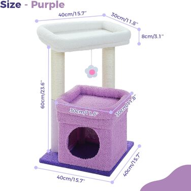 PAWZ Road Cat Tree, Multi-Tier Cat Tower with Sisal-Covered Scratching Post, Cozy Cat Condo, and Large Cat Perch for House Cats, (Purple)