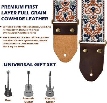 Гітарний ремінь з бавовни для акустичної гітари, 2 шт., вишиті ремені для бас-гітари, електрогітари та акустичної гітари, безкоштовна пряжка, замок для ременя та медіатор (Retro-gold-jacquard)