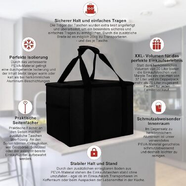 Складна термосумка Marple Tex Premium 37 л, до 20 кг, велика ізоляційна сумка для покупок з посиленим дном, багаторазова сумка для продуктів, доставка, багажник (40x30x30 см)