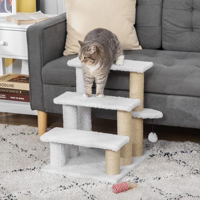 PawHut 3-Step Pet Staircase with Scratching Posts, Ball, Dog Staircase, Animal Staircase for Cats up to 5 kg, Plush Jute, White, 45 x 40 x 48 cm