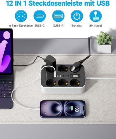 Мережевий фільтр 6-фазний з USB (3 USB-A, 3 USB-C), настінний, з вимикачем та кабелем 2м, захист від перенапруги, чорний