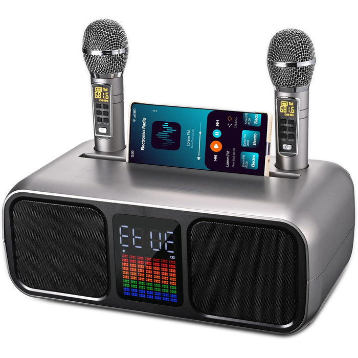 Караоке Машина з 2 Бездротовими Мікрофонами, Bluetooth Колонка з Сенсорним Екраном, LED-підсвічуванням та Підставкою для Телефону, Караоке Колонка для Дітей з USB/TF/AUX (Срібна)