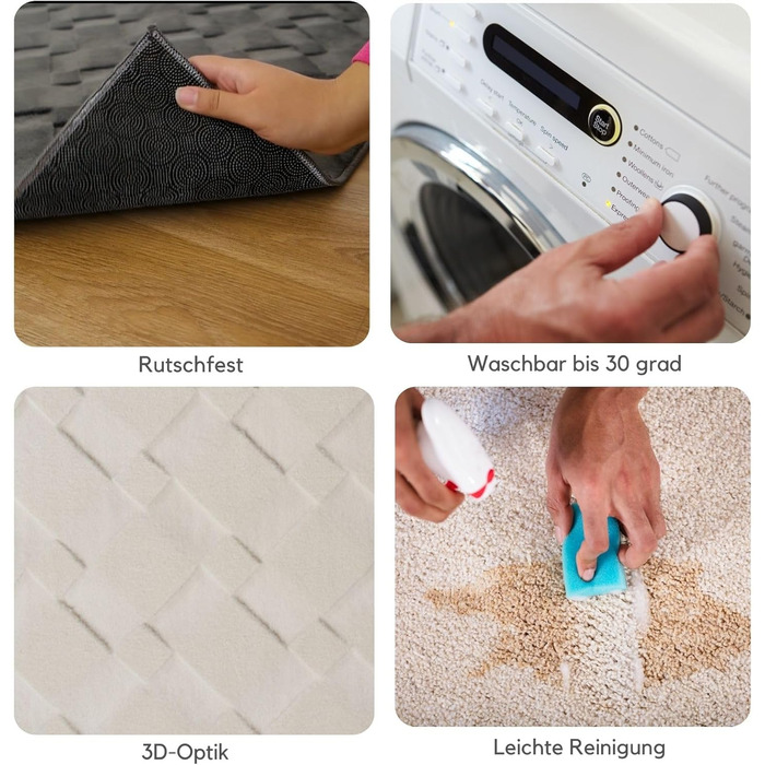 Килим Rio - сучасний та м'який килим для вітальні та спальні з антиковзким покриттям та 3D-ефектом, пухнаста поверхня, легкий у догляді та міцний, білий, 80 x 150 см