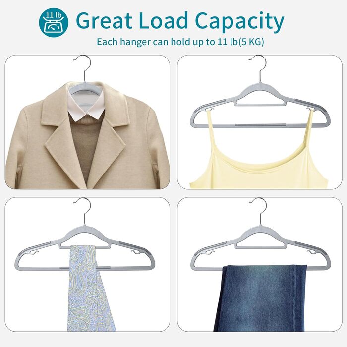 50 штук вішалок для одягу, з неслизьким пластиком, економія місця, 360° обертання гачка, товщина 0,5 см, довжина 42 см, для пальто, суконь, сорочок, сірий + срібло, APY0350G