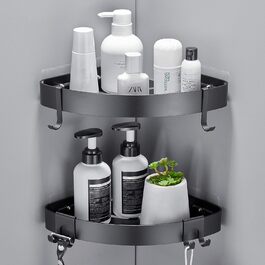 FIISAYL Shower Shelf No Drilling Shower Shelf Corner Bathroom Organizer Shower Basket, Shower Corner Shelf with 4 Hooks Space Aluminum Wall Mount Black, 2 Pack