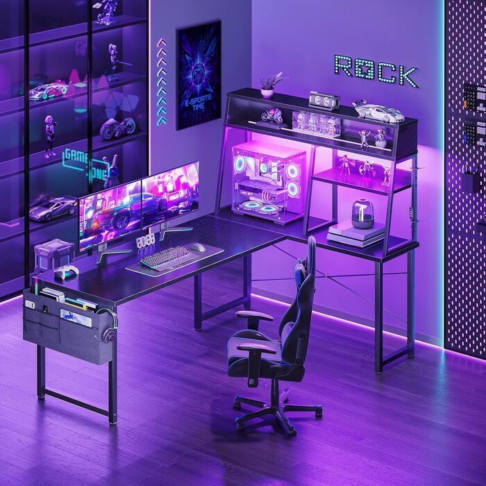 Ігровий стіл Coleshome L-подібний з LED підсвічуванням, 10 кольорів, полиці та кишені для зберігання, для дому та геймерів, чорний (150x100 см)