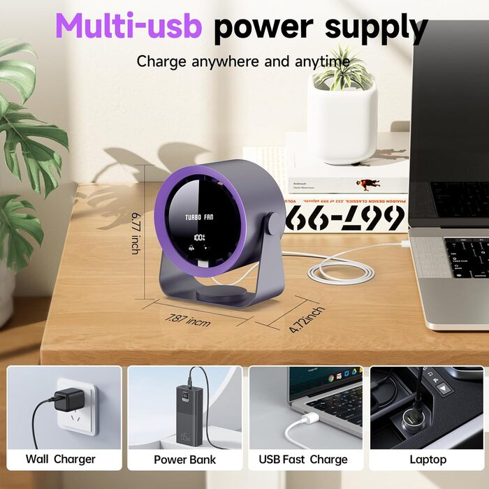 Перезаряджуваний USB-настільний вентилятор з цифровим дисплеєм, 5-рівневий тихий вентилятор, регульований на 90°, настільний вентилятор для спальні, кухні, кемпінгу, офісу (Хакі)