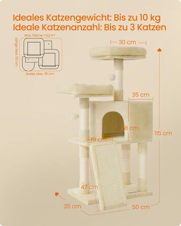 Драбина-кіготь Feandrea для котів, 115 см, бежева, з платформою та м'яким плюшем, повністю обмотана сизалем, PCT141W01