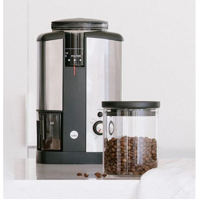 Кавомолка Wilfa SVART NYMALT - с контейнером для зерен 250г, 160 Вт, легко чиститься, срібна
