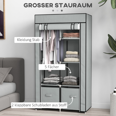 HOMCOM Fabric Closet, Space-Saving Wardrobe with 5 Compartments & Clothes Rail, Zipper, Folding Closet in Light Grey
