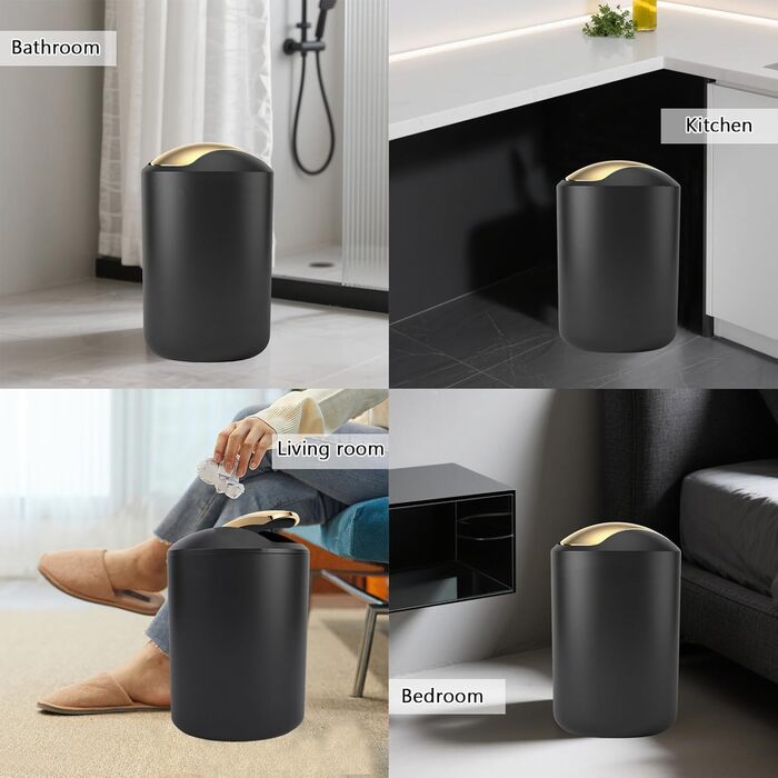 Набір аксесуарів для ванної кімнати, 9 предметів: сміттєвий бак, дозатор мила, мильниця, щітка для унітазу, тримач для зубних щіток, стакан, піднос, контейнер для ватних паличок, органайзер для стільниці, чорний та золотий