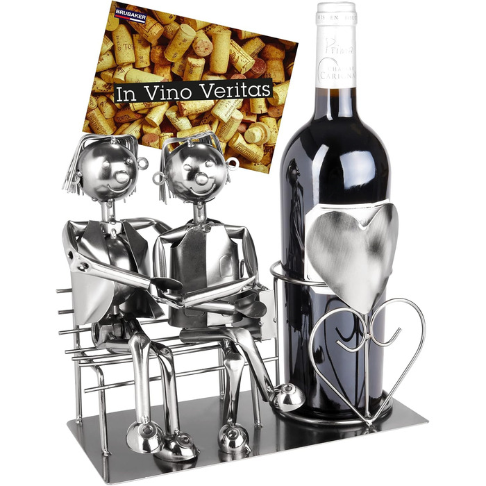 BRUBAKER Bottle Holder Men Loving Couple on Bench - Wine Bottle Holder Man + Man Silver - Bottle Stand Metal Figure Love - Metal Sculpture Gift for Married Couples with Gift Card