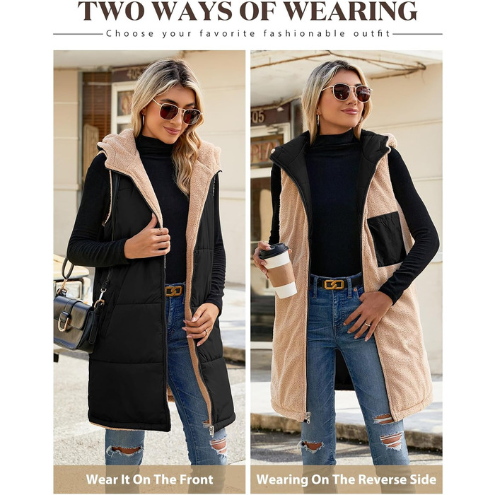 Жіноча жилетка Tuopuda з капюшоном, степкова, з флісовою підкладкою, тепла зимова куртка, безрукавка, термо-жилетка, на блискавці, чорна, розмір S