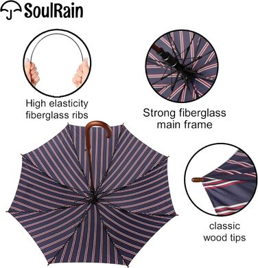 SoulRain Парасолька з класичною дерев'яною ручкою, автоматичне відкривання, вітростійка, прозора, незламна, 121.9 см, смугастий колір
