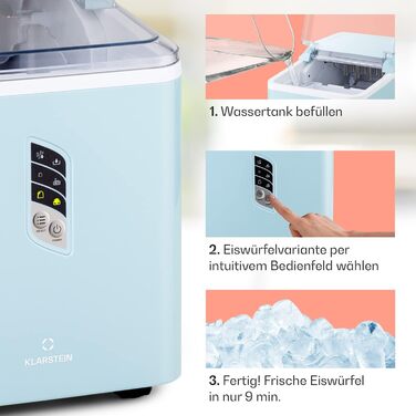 Klarstein Ice Cube Machine Small, Fast Ice Cube Maker, Self-Cleaning Ice Cube Maker, Ice Cube Device for Large and Small Ice Cubes, with Ice Cube Container, 12kg/24h, Capacity 1.5 L (Blue)