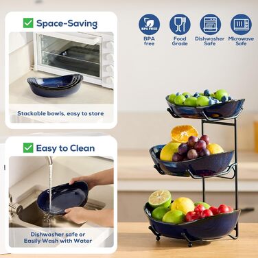 DUJUST Трирівнева етажерка для фруктів з кераміки, 3 яруси, сучасний дизайн, обпалена глазур, для кухні, зберігання фруктів, стабільна, придатна для миття в посудомийній машині