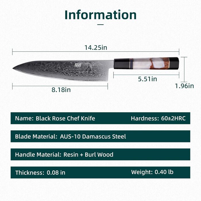 Японський ніж Kiritsuke FINDKING 9 дюймів (8 дюймів), Damast, для професійних та домашніх кухарів (серія BLACK-ROSE)