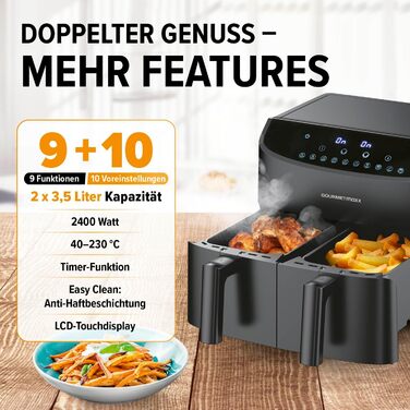 Gourmetmaxx Double Chamber Air Fryer 2x 3.5L - Black | Air Fryer + synchronized cooking zones, timer function & touch display | energy-saving frying | 10 programs | 2400 W Matte Black 2x 3.5 Liters