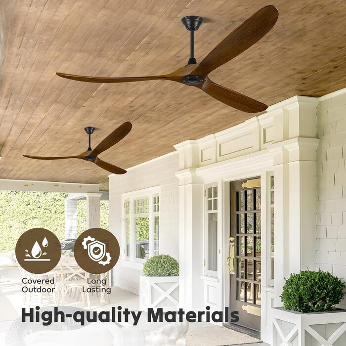 Дерев'яний стельовий вентилятор 152 см з дистанційним керуванням, 60 дюймів, 3 лопаті, DC-двигун, для дому та вулиці, таймер, коричневий
