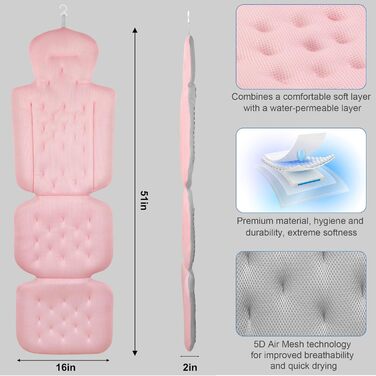 Bathtub Pillow Full Body Bath Pillow, Thick Bathtub Pillow with Laundry Bag, Luxurious Pillow for Bathtub Headrest Neck Shoulder Support Comfort Relaxation Spa Accessory (Pink)