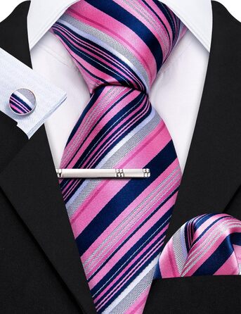 Комплект краватки та хустинки Hi-Tie класична чоловіча весільна, рожева в смужку з квітами