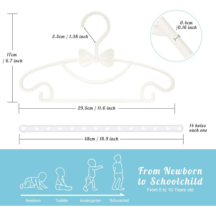 Набір вішалок для дитячого одягу, 40 шт, пластик, неслизькі, ультратонкі, білі - з 3 гумками для дитячої кімнати, одягу для немовлят та малюків, білі
