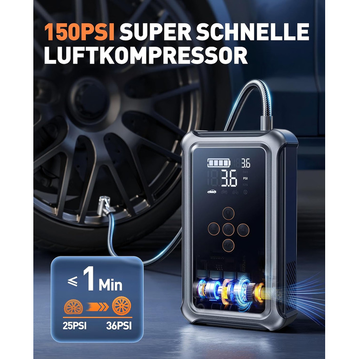 Powerbank Starthilfe 5000A з компресором 150PSI для автомобілів, 12V, бензин/дизель (10.0L), LED, USB-C