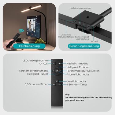LED лампа для столу Doppelkopf 24W, 80см, диммування, захист очей, 5 кольорів, 5 рівнів яскравості, з пультом, для офісу та дому (чорна)