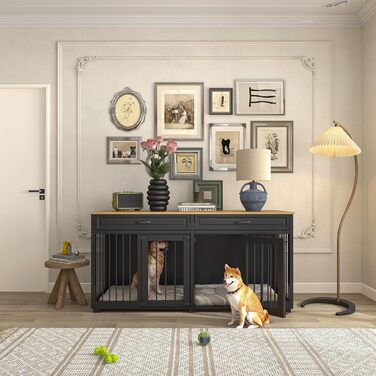 Клітка для собак XXL з шухлядами та дверима, чорна, 164 x 60 x 80 см, залізо