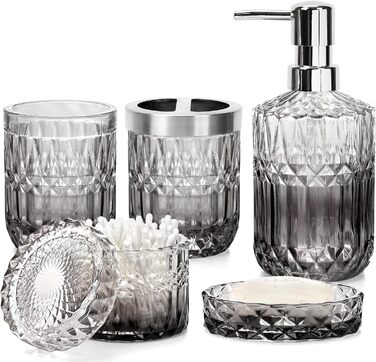 Набір аксесуарів для ванної кімнати Hebaogugu 5 шт., сірий колір, з дозатором мила, мильницею, стаканчиком для зубних щіток, тримачем для зубних щіток та контейнером для ватних паличок.