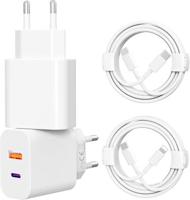 Двопортовий зарядний пристрій USB C 25W з адаптером [2 в 1] 2 шт. для iPhone/iPad/навушників/телефонів. Мережевий адаптер, багатопортовий, PD 3.0, швидка зарядка, білий. Без кабелю.