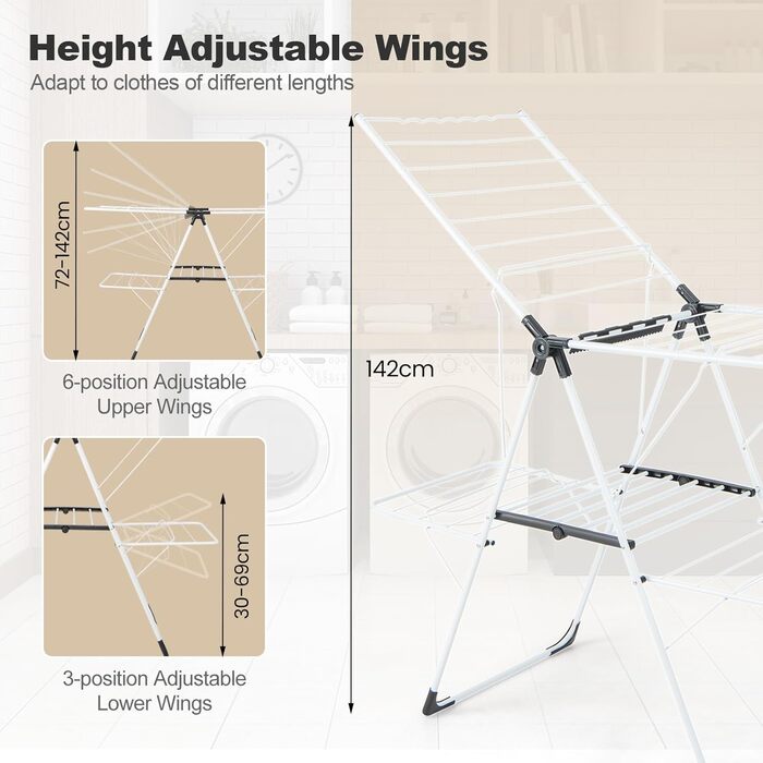 Стійка для сушіння білизни HOMASIS, розкладна, з 2 крилами, регульована, 6 рівнів, з вішалкою та прищіпками, для балкону (біла)